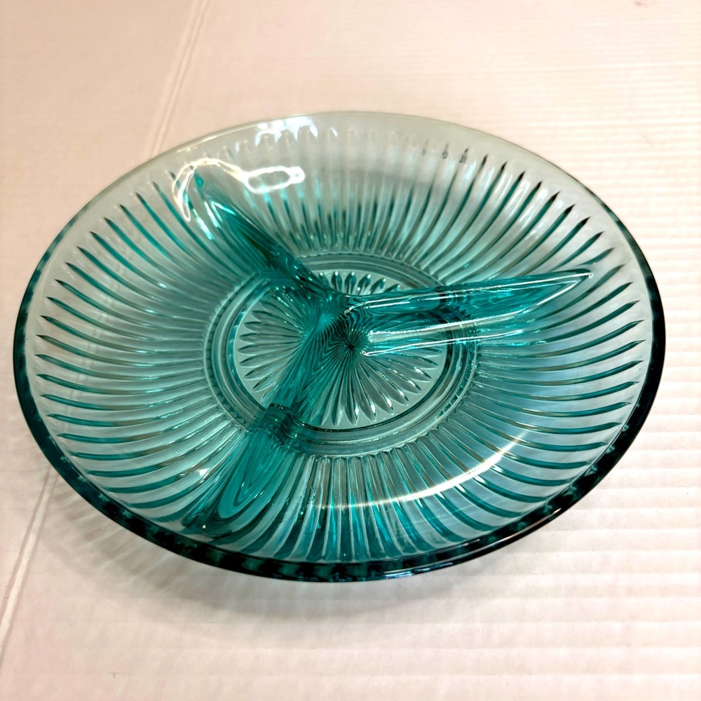Vintage KIG Indonesia Ultra Marine 8” Teal Candy Plate Divided Platter Art Deco
